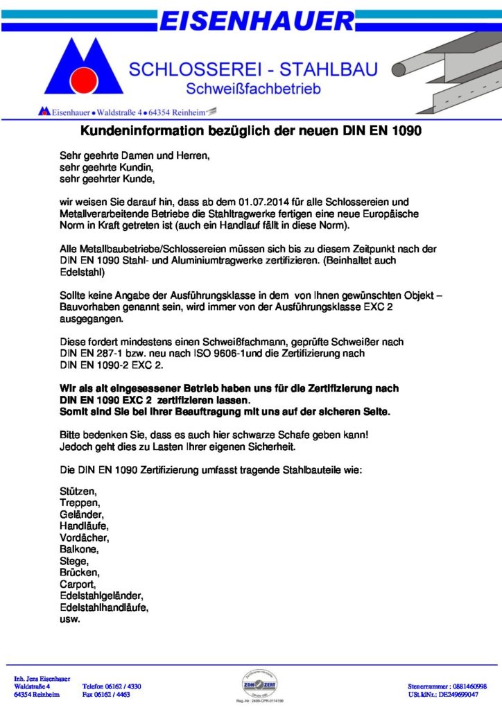 Kundeninformation DIN EN 1090